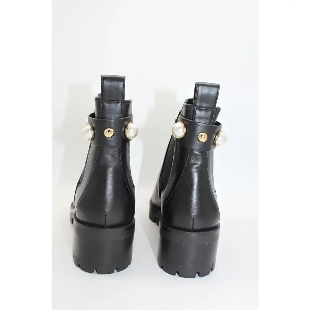 NWT Karl Lagerfeld Paris Pola Black Smooth Calf Lea Gold Pearl Boots Size 7.5M - Picture 6 of 13